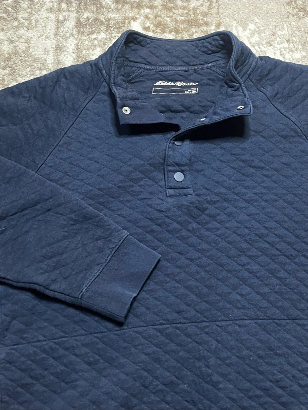 Eddie Bauer Mens XL Navy Blue Quilted Snap Neck Sweatshirt Pullover Kangaroo XL